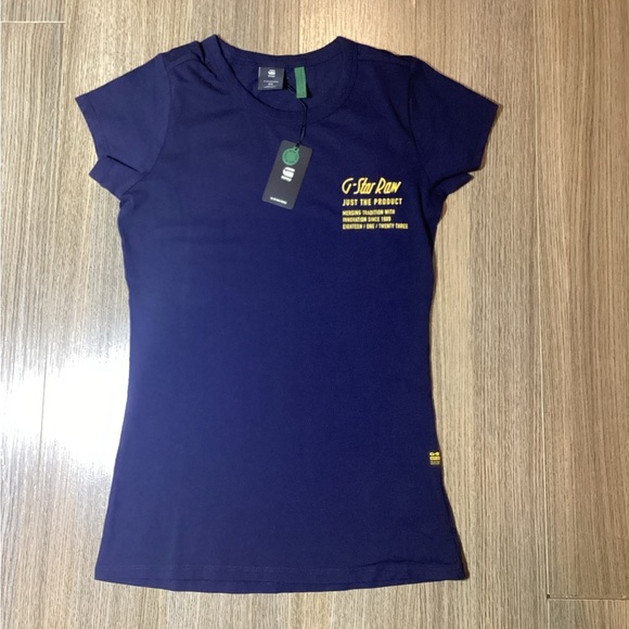 G-Star Women's Dark Blue Tee with Yellow Accents - Size XS - NWT - Picture 1 of 9